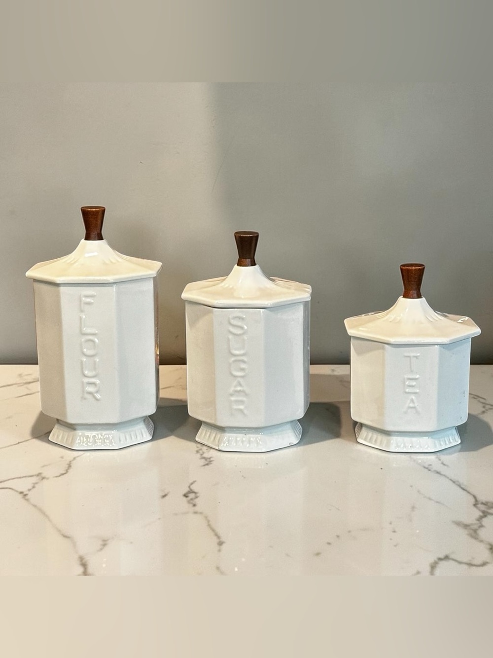 Vintage MCM Ceramic Canister Set – White Glaze & Tapered Wood Handles